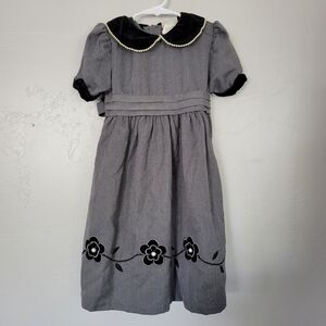 B.T. Kids Vintage Grey Dress Velvet Pearl Collar Black Floral Embroidery Size 5